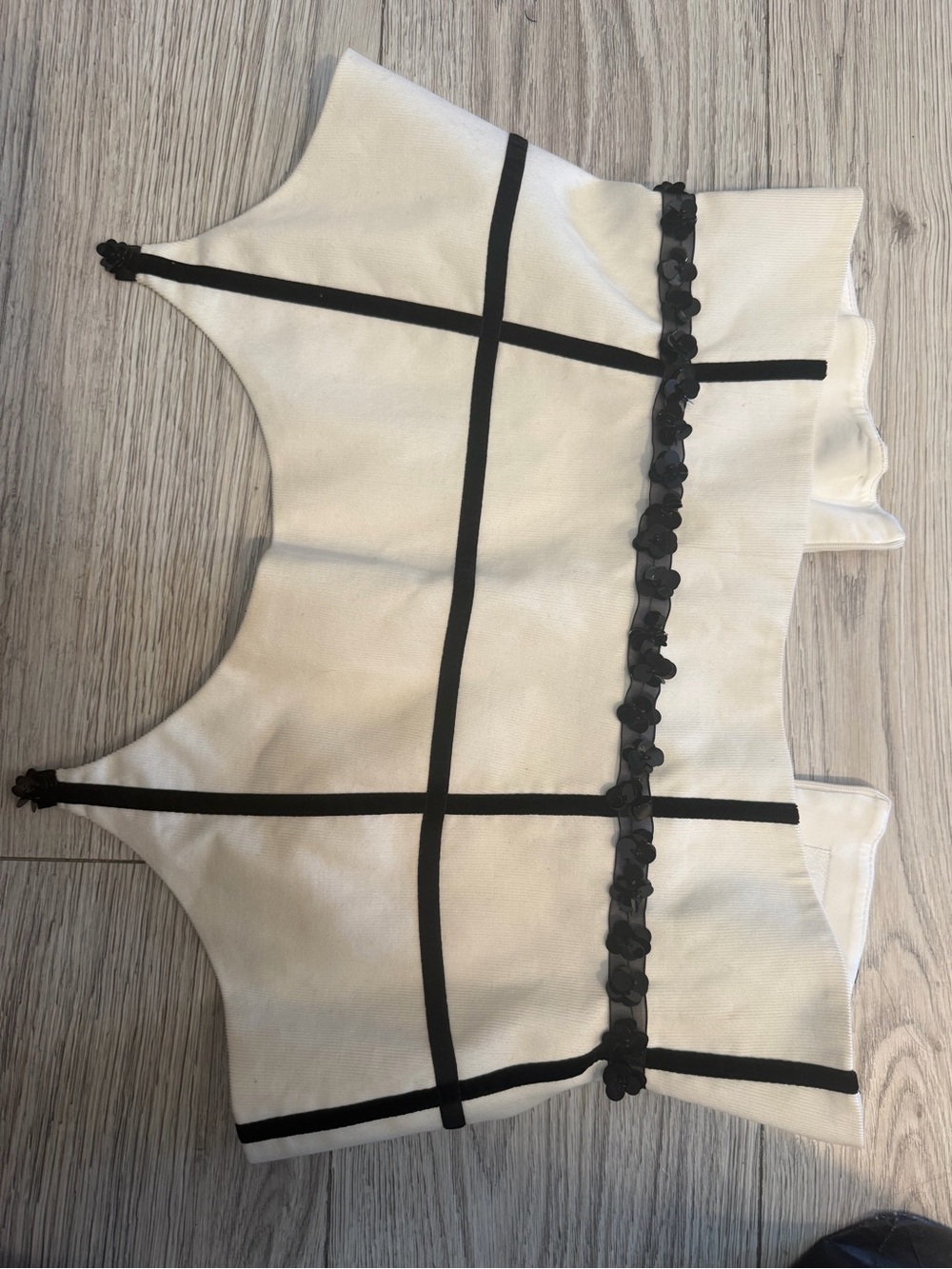 White Crop Top with Black Trim and Floral Accents